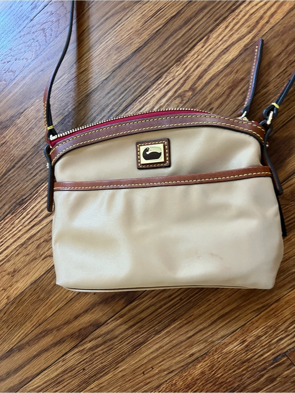 Dooney & Bourke Wayfarer Domed Cream Nylon Crossbody Bag Brown Leather Trim
